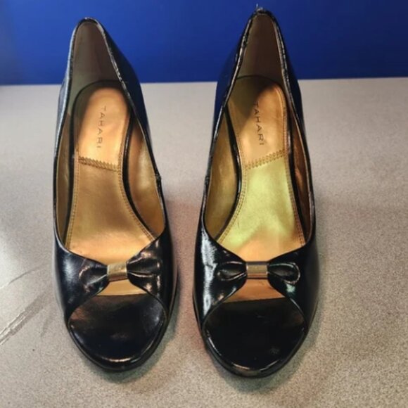 Tahari Shoes - Tahari Black and Gold Open Toe Wedge Heel Pumps